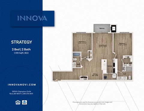 Floor plan for 2 beds, 2 baths, 1199 sqft